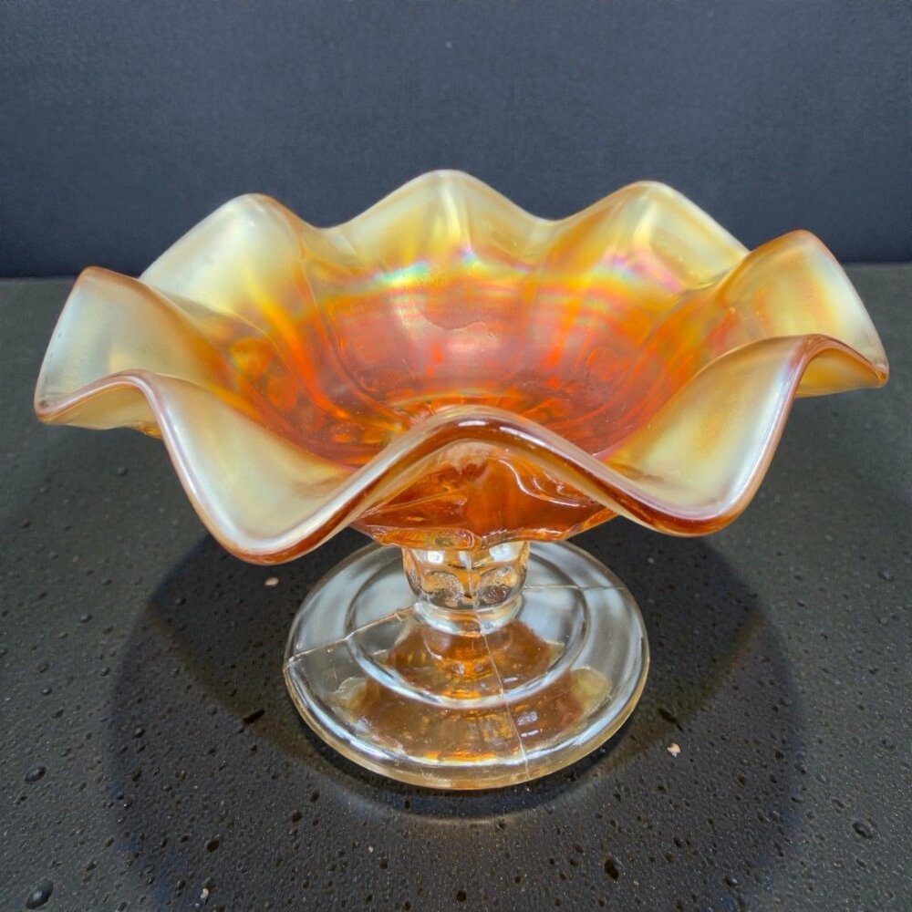 Antique Dugan Art Glass Footed Carnival Candy Dish Compote Bowl Iridescent VTG